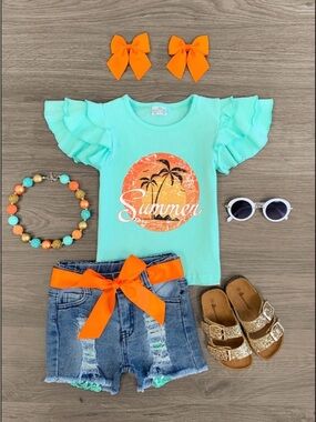 Mint Green "Summer" Ruffle Sleeve Tee with Orange Accents